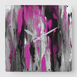 Magenta Grey Black and White Abstract Square Wall Clock