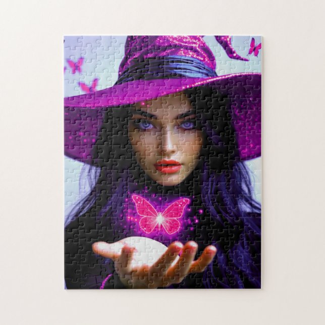Magenta Halloween Magical Witch with butterlfies Jigsaw Puzzle (Vertical)