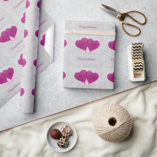 Magenta Heart Balloons Wedding Wrapping Paper (Crafts)