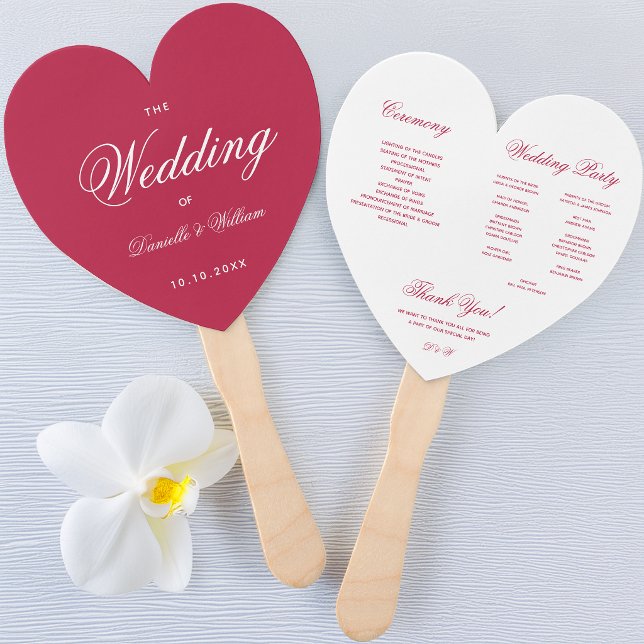 Magenta Heart Elegant White Script Wedding Program Hand Fan (Creator Uploaded)