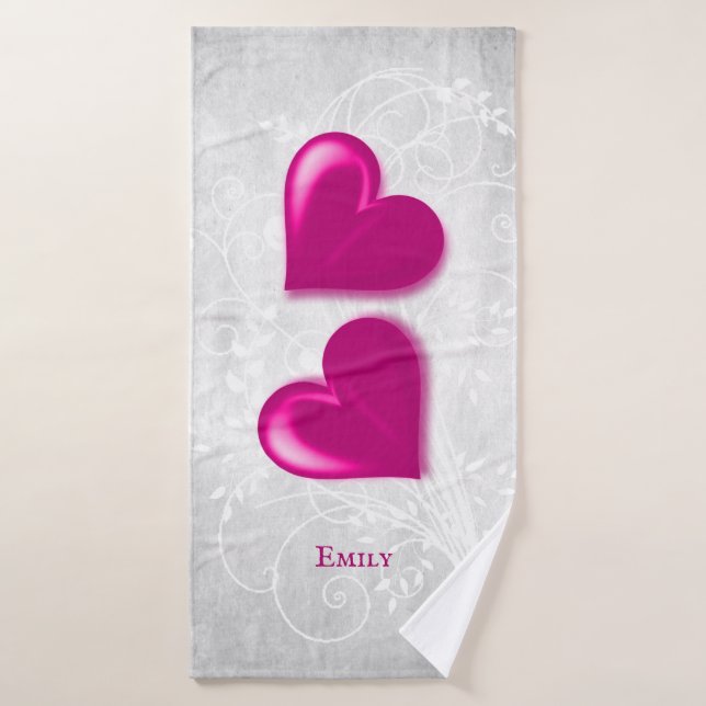 Magenta Hearts Personalised Bath Towel Set (Bath Towel)