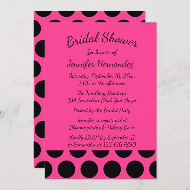 Magenta Hot Pink Bridal Shower Black Polka Dots Invitation (Front/Back)