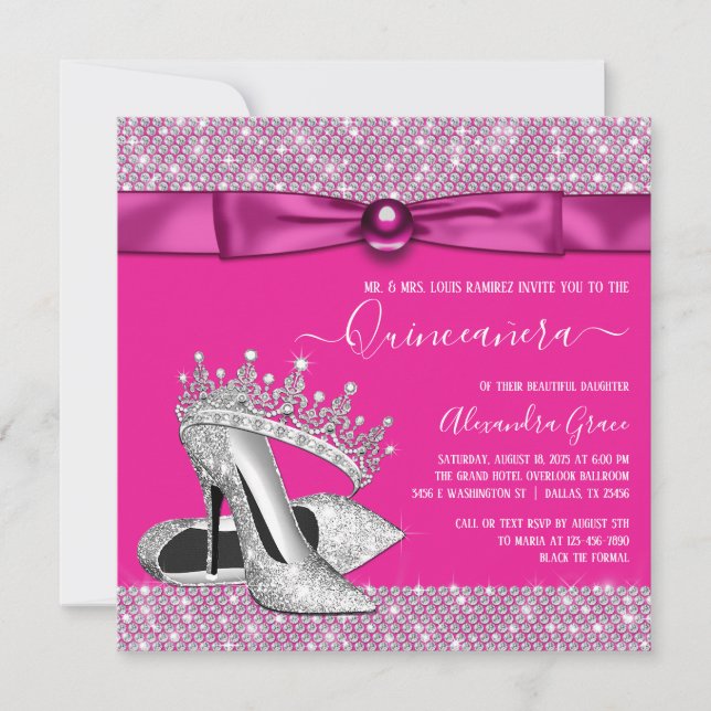 Magenta Hot Pink Diamond Tiara Shoe Quinceanera Invitation (Front)