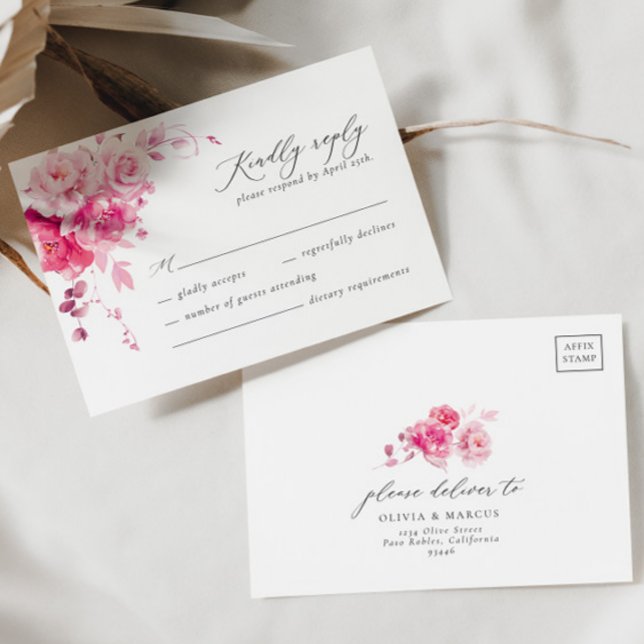 Magenta Hot Pink Floral Elegant Wedding RSVP Card (Front/Back)