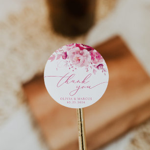 Magenta Hot Pink Floral Wedding Thank You Favour Classic Round Sticker