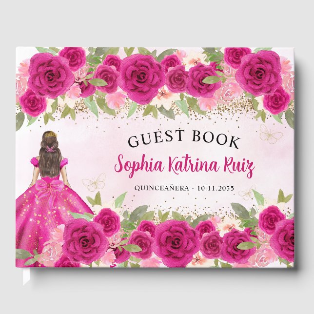 Magenta Hot Pink Gold Floral Princess Quinceañera Guest Book (Front)