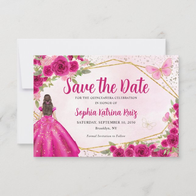 Magenta Hot Pink Gold Floral Princess Quinceañera Save The Date (Front)