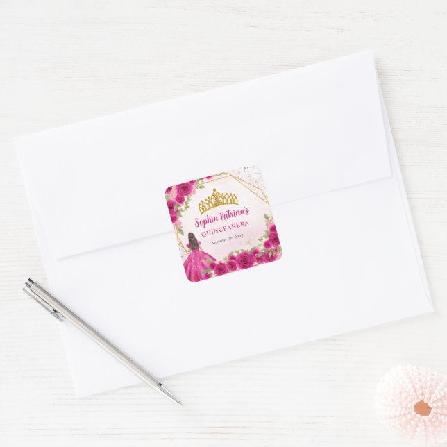 Magenta Hot Pink Gold Floral Princess Tiara Favour Square Sticker (Envelope)