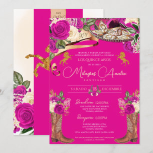 Magenta Hot Pink Roses Fancy Charro Quinceañera Invitation