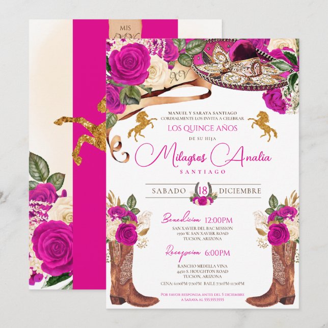 Magenta Hot Pink Roses Fancy Charro Quinceanera Invitation (Front/Back)