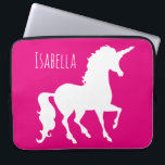 Magenta Hot Pink Unicorn Silhouette Personalised Laptop Sleeve<br><div class="desc">Personalised Girly Pink, or custom colour, Unicorn Silhouette Kids Laptop Case. Personalise this fun and unicorn gift in white font. Silhouette of unicorn on a bright hot pink magenta background. CUSTOMIZE to change background colour. Fun gift for kids, tweens, and teens who love unicorns and magical creatures. Colourful, modern and...</div>