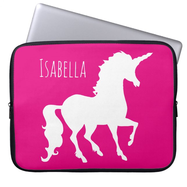 Magenta Hot Pink Unicorn Silhouette Personalised Laptop Sleeve (Front)