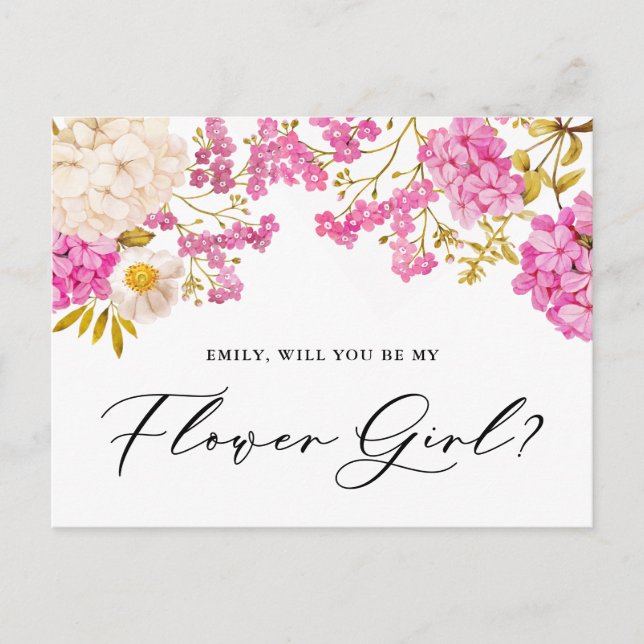 Magenta Hydrangeas Will You Be My Flower Girl Card (Front)