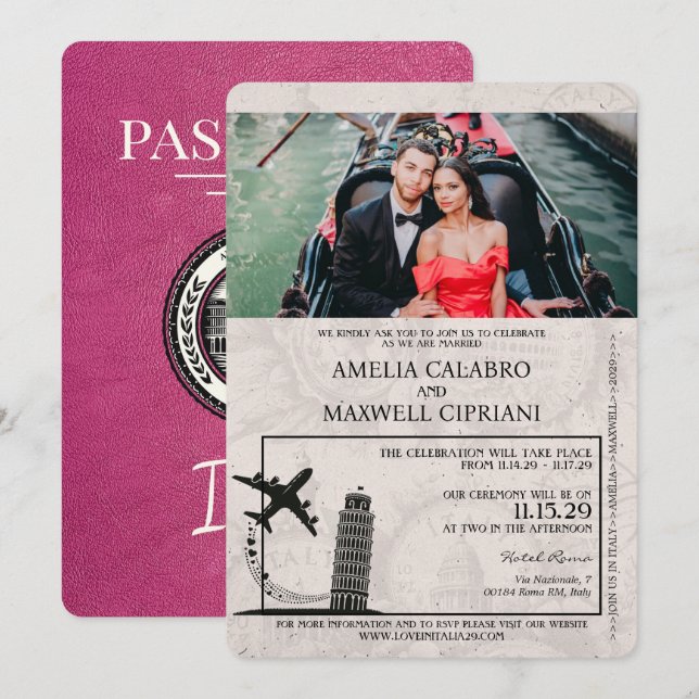 Magenta Italy Passport Wedding Invitation (Front/Back)