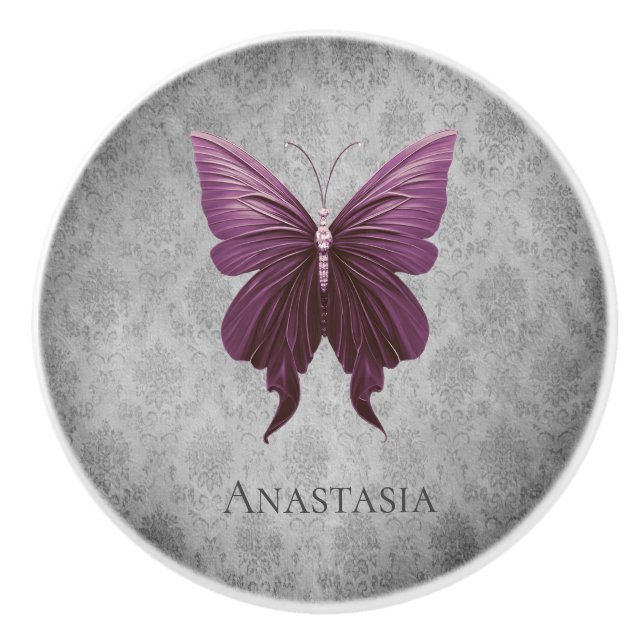 Magenta Jewelled Butterfly Ceramic Knob (Front)