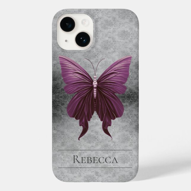 Magenta Jewelled Butterfly Damask Case-Mate iPhone Case (Back)