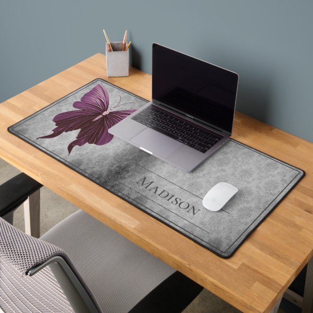 Magenta Jewelled Butterfly Damask Desk Mat (Office 2)