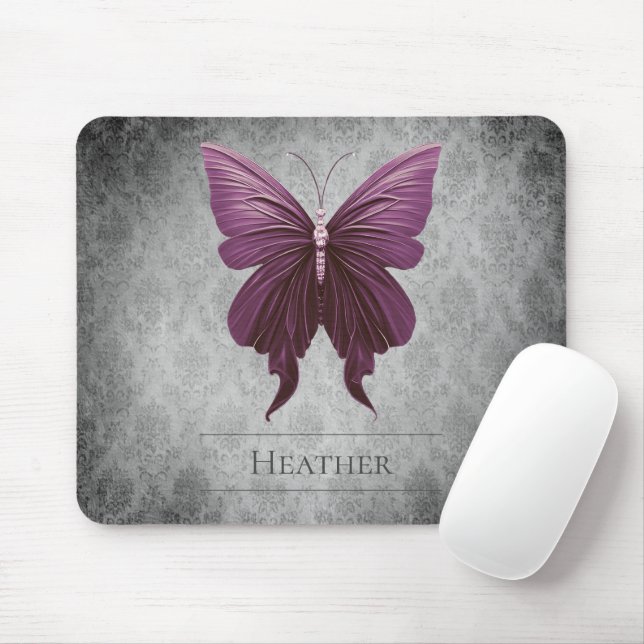 Magenta Jewelled Butterfly Damask Mouse Mat (With Mouse)