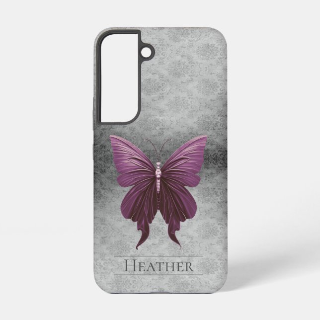 Magenta Jewelled Butterfly Damask Samsung Galaxy S22 Case (Back)
