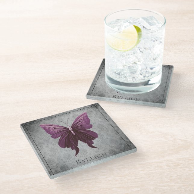 Magenta Jewelled Butterfly Glass Coaster (Angled)