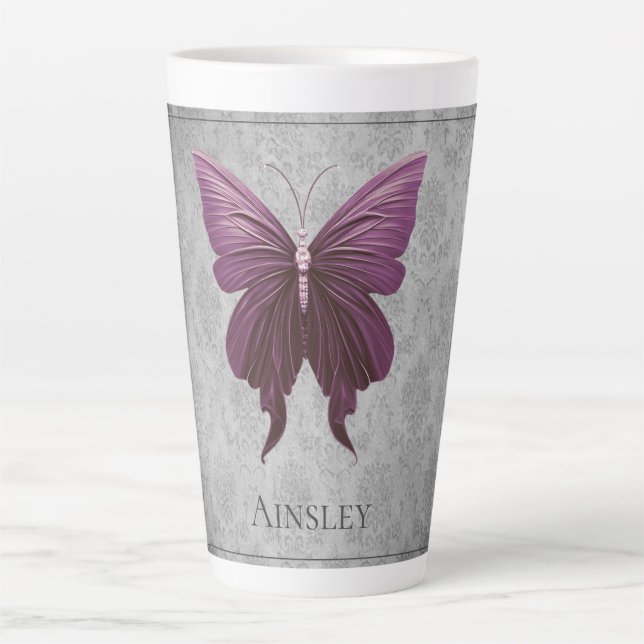 Magenta Jewelled Butterfly Latte Mug (Front)