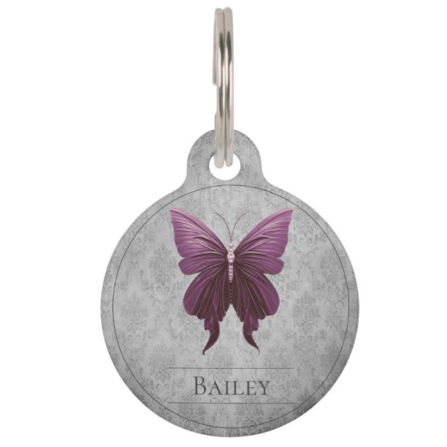 Magenta Jewelled Butterfly Round Pet Tag (Front)