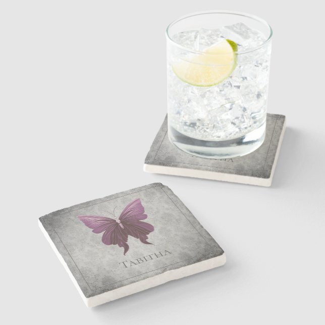 Magenta Jewelled Butterfly Stone Coaster (Side)
