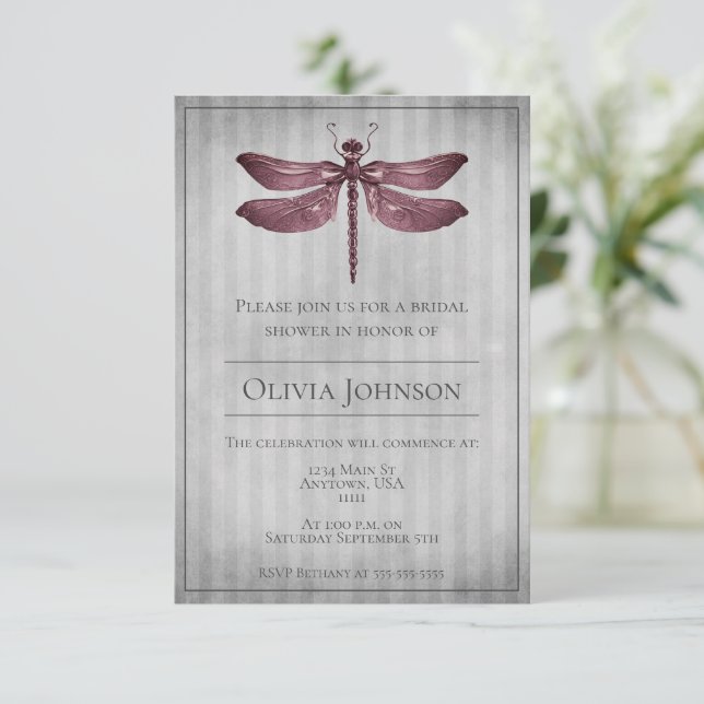 Magenta Jewelled Dragonfly Bridal Shower Invitation (Standing Front)