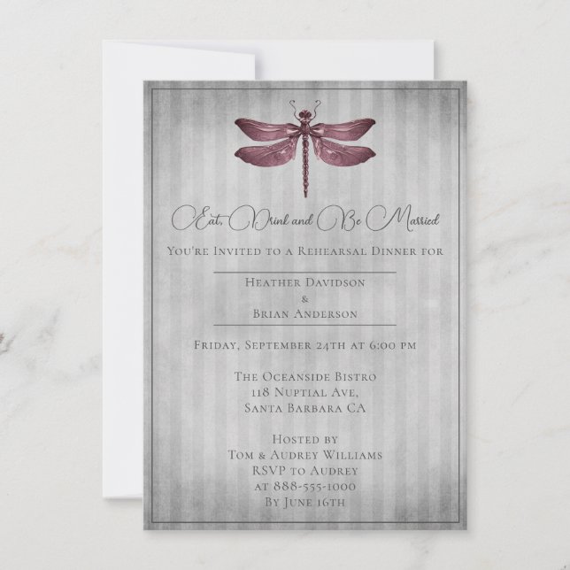 Magenta Jewelled Dragonfly Rehearsal Dinner Invitation (Front)