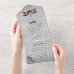 Magenta Jewelled Dragonfly Wedding All In One Invitation
