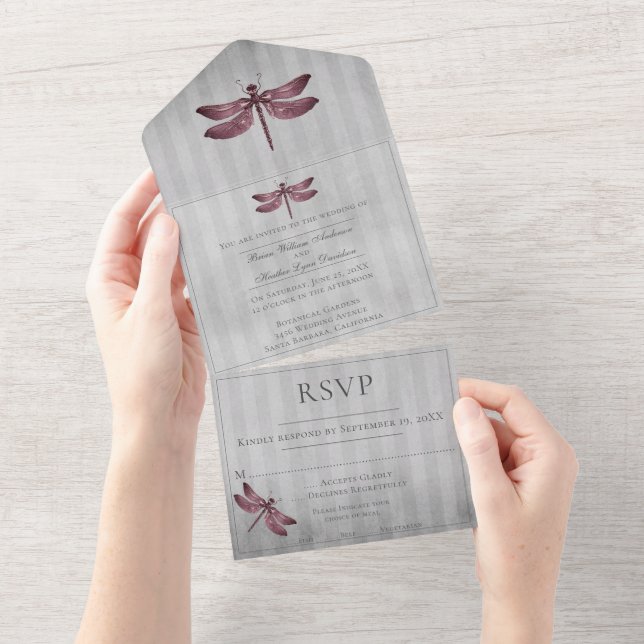Magenta Jewelled Dragonfly Wedding All In One Invitation (Tearaway)