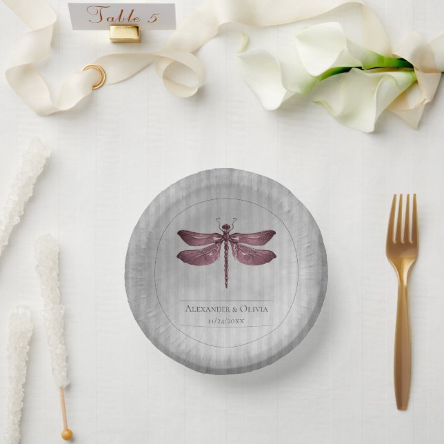 Magenta Jewelled Dragonfly Wedding Paper Plate (Wedding)