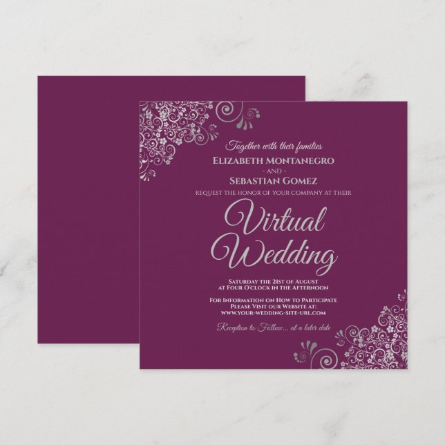 Magenta & Lacy Silver Elegant Virtual Wedding Invitation (Front/Back)