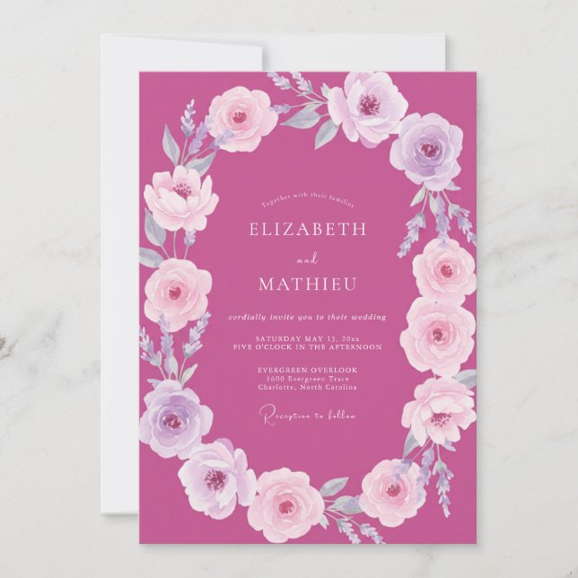 Magenta Lavender Ranunculus Eucalyptus Wedding Invitation (Front)