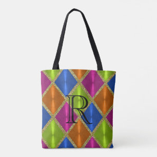 Magenta Lime Blue Gold Harlequin with Monogram Tote Bag
