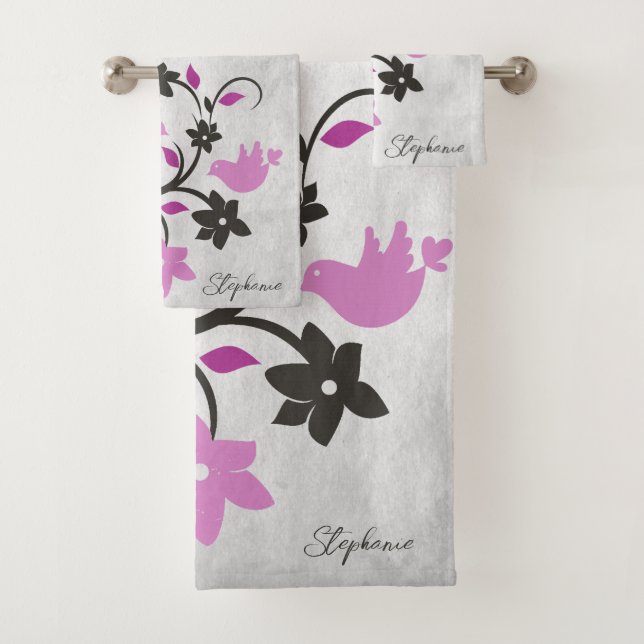 Magenta Lovebirds Bath Towel Set (Insitu)