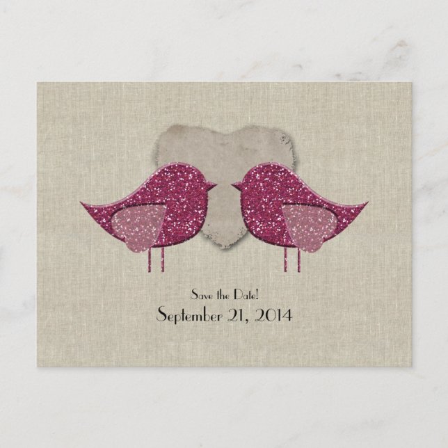 Magenta Lovebirds Linen Look Save the Date Announcement Postcard (Front)