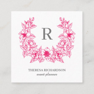 Magenta  Magnolia Wreath Monogram social media Square Business Card
