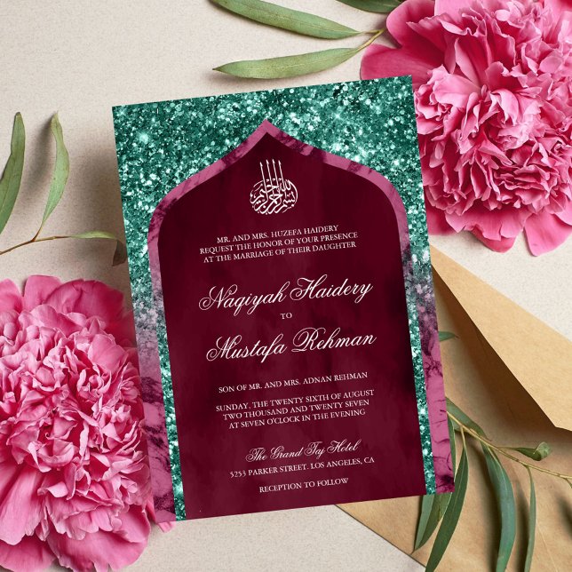 Magenta Marble Teal Glitter Arch Islamic Wedding Invitation (Creator Uploaded)