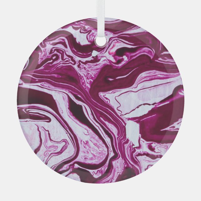 Magenta Marble Texture: Abstract Fluid Art Glass Tree Decoration (Front)