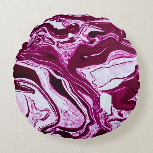 Magenta Marble Texture: Abstract Fluid Art Round Cushion (Front)