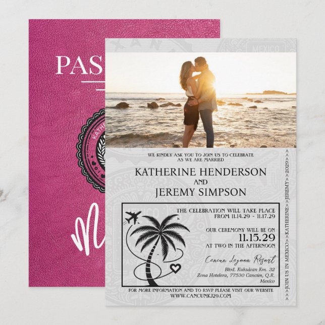 Magenta Mexico Passport Wedding Invitation (Front/Back)
