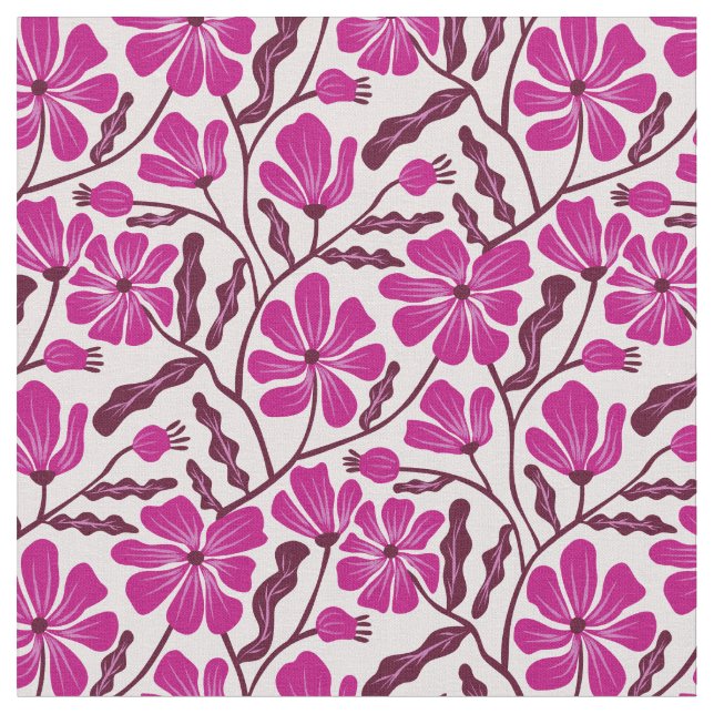 Magenta Mid Century Modern Floral Pattern Fabric (Close Up)