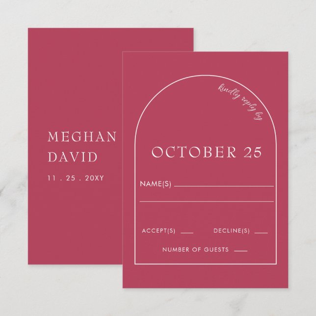Magenta Minimalist Modern Arch Wedding RSVP Card (Front/Back)