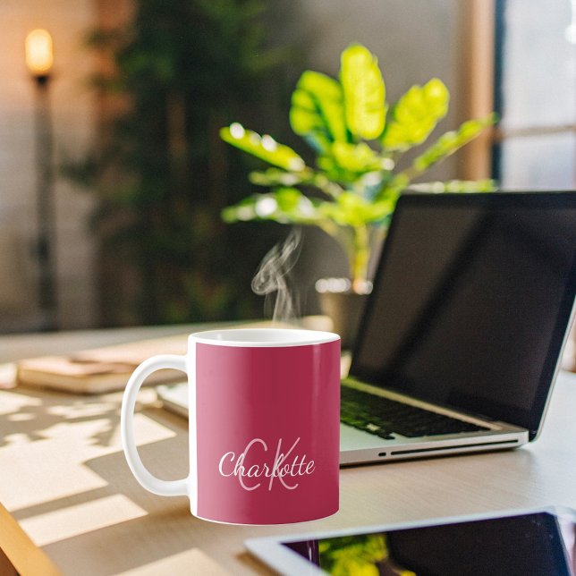 Magenta monogram initials name coffee mug (Creator Uploaded)