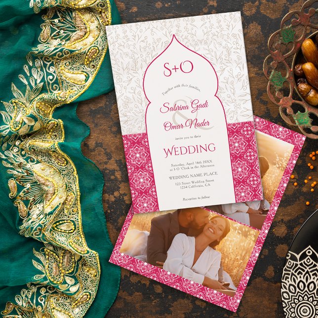 Magenta Moroccan floral initials 3 photo wedding Invitation (Creator Uploaded)