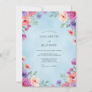 Magenta Muted Coral Wildflower Wedding Invitation