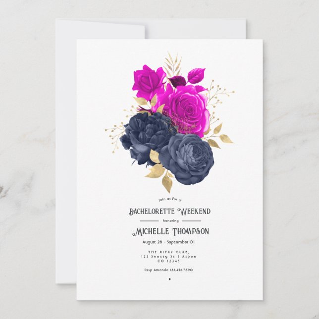 Magenta Navy and Gold Floral Bachelorette Weekend Invitation (Front)
