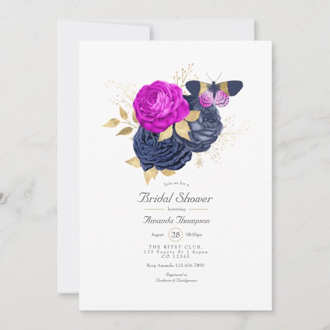 Magenta Navy and Gold Floral Bridal Shower Invitation (Front)