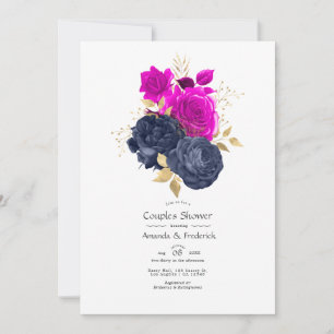 Magenta Navy and Gold Floral Couples Shower Invitation
